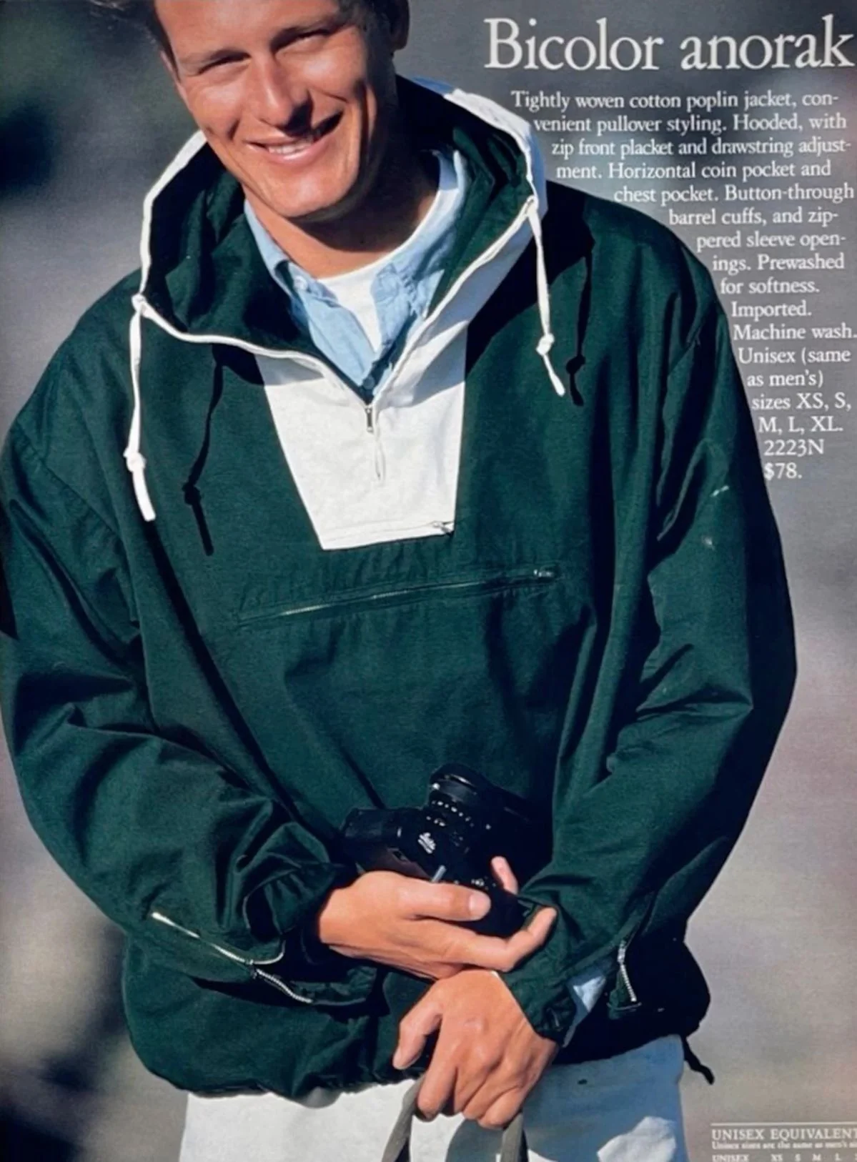 Anorak jacket history — 1990s bicolor anorak catalog page showing the green-and-white color-block pullover, direct design ancestor of the Renacts New Trad Anorak Pullover
