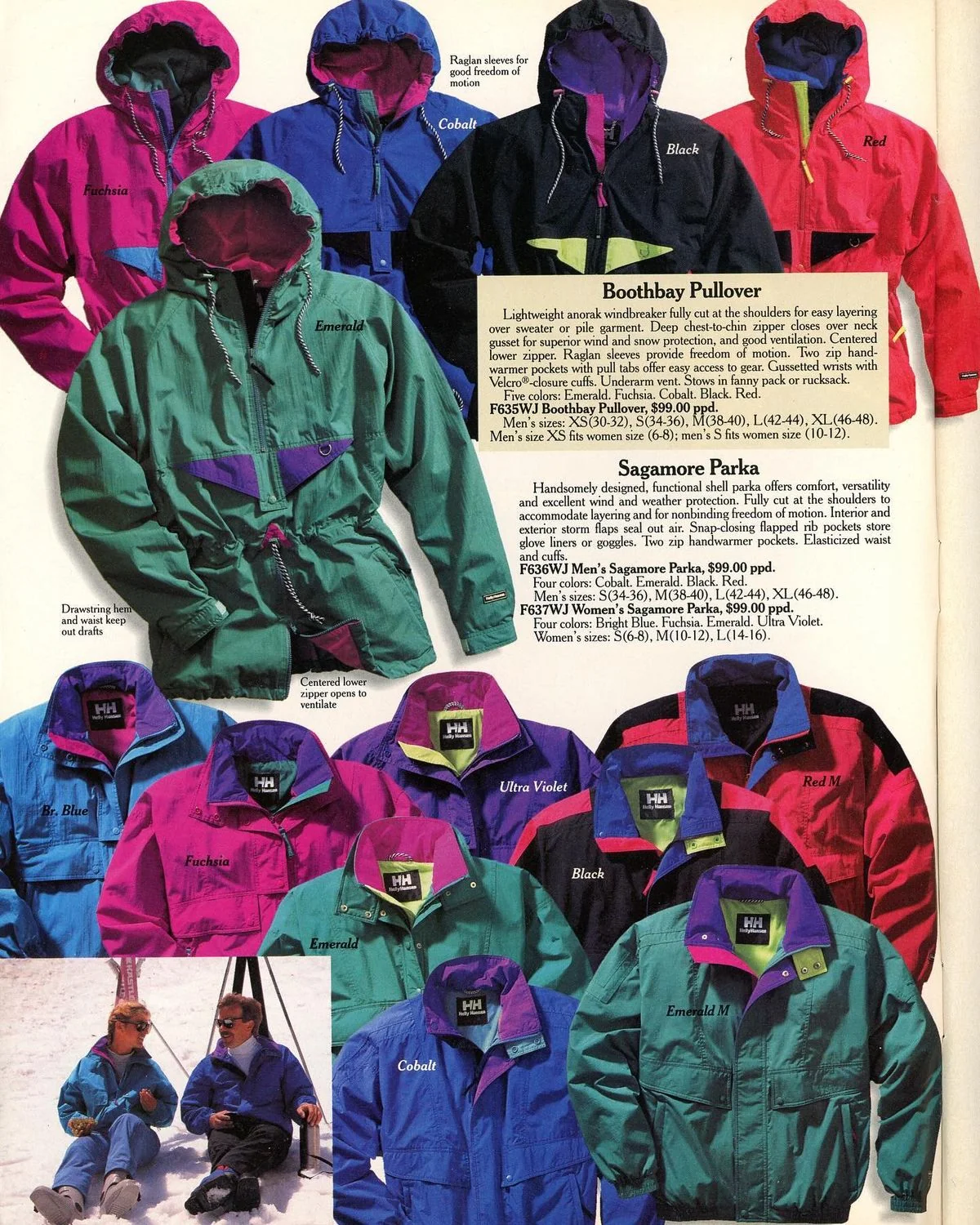Anorak jacket history — 1990s Boothbay Pullover and Sagemore Parka catalog page, color-block nylon anoraks in bright palettes