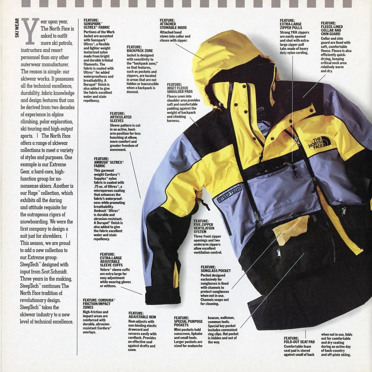 Anorak jacket history — The North Face Steep Tech catalog page by Scot Schmidt, late 1980s to 1990s technical pullover parka with labeled fabric callouts