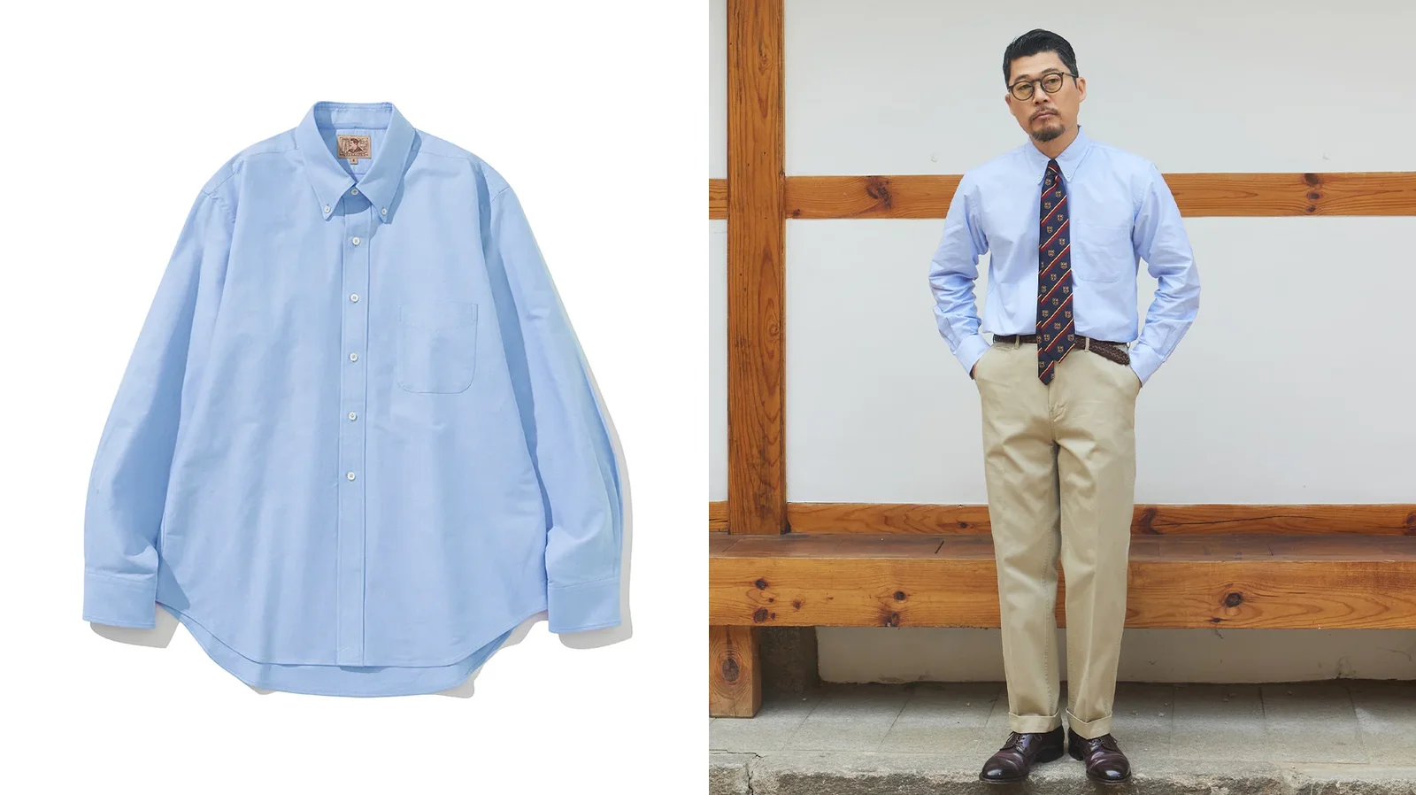 Brooks Brothers history: the OCBD in oxford blue, as remade by Renacts — product detail and Seoul hanok editorial with crested silk tie and khakis