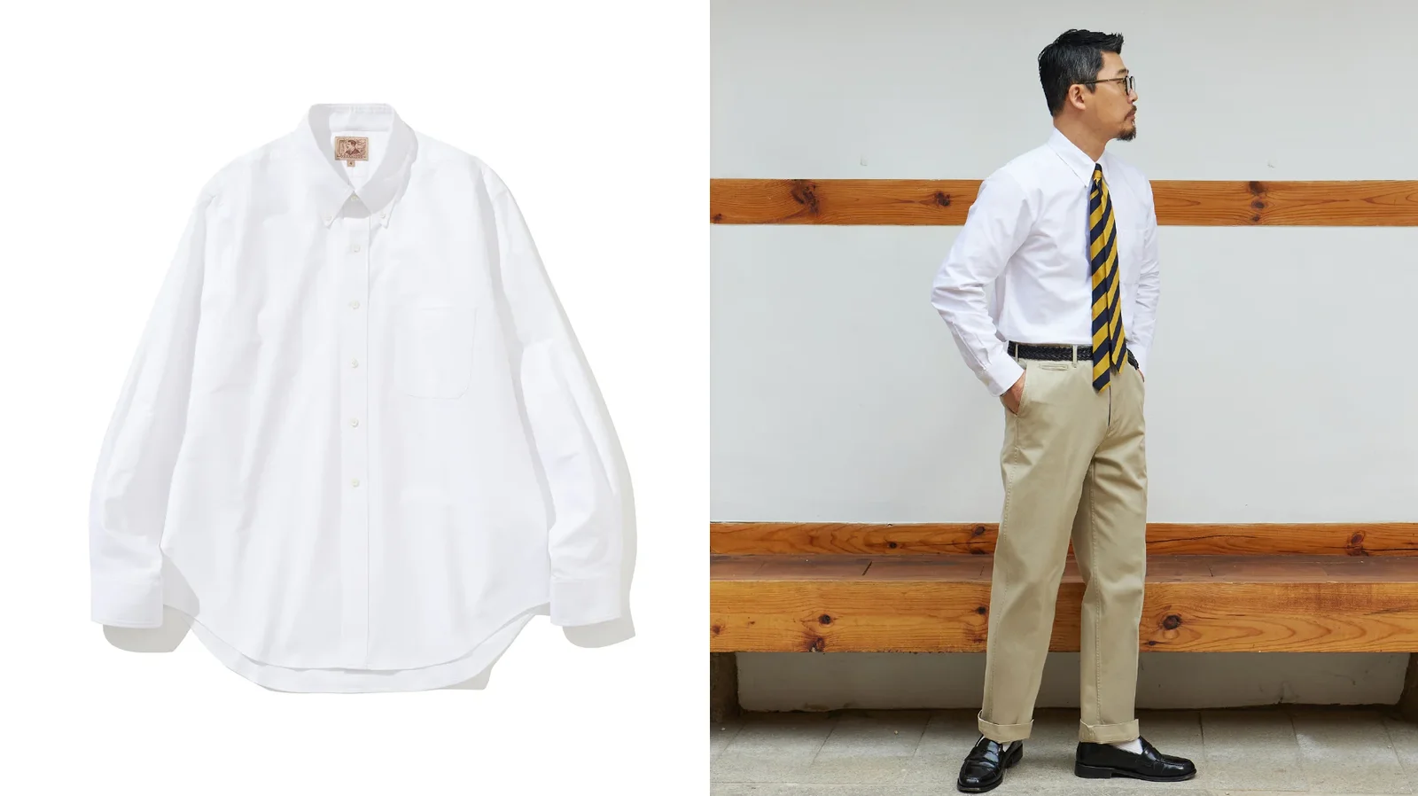 Brooks Brothers history: the OCBD in white, as remade by Renacts in Seoul — product detail and full Ivy styling in front of a Korean hanok
