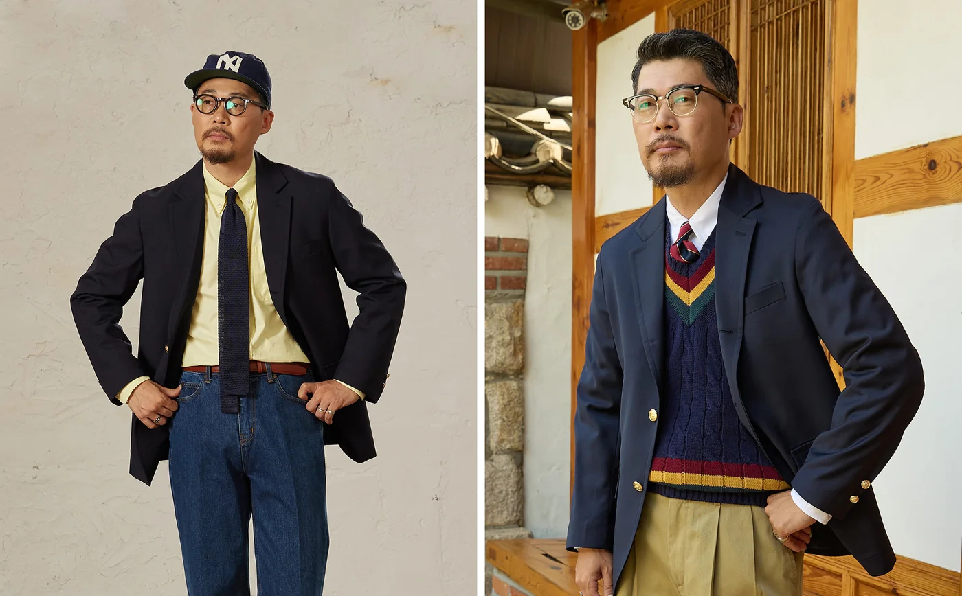 Blazer chino outfit men: navy knit tie with navy blazer (left) and navy gold-button blazer over a cricket sweater with khaki chinos (right) - two ways to add a third piece to the formula