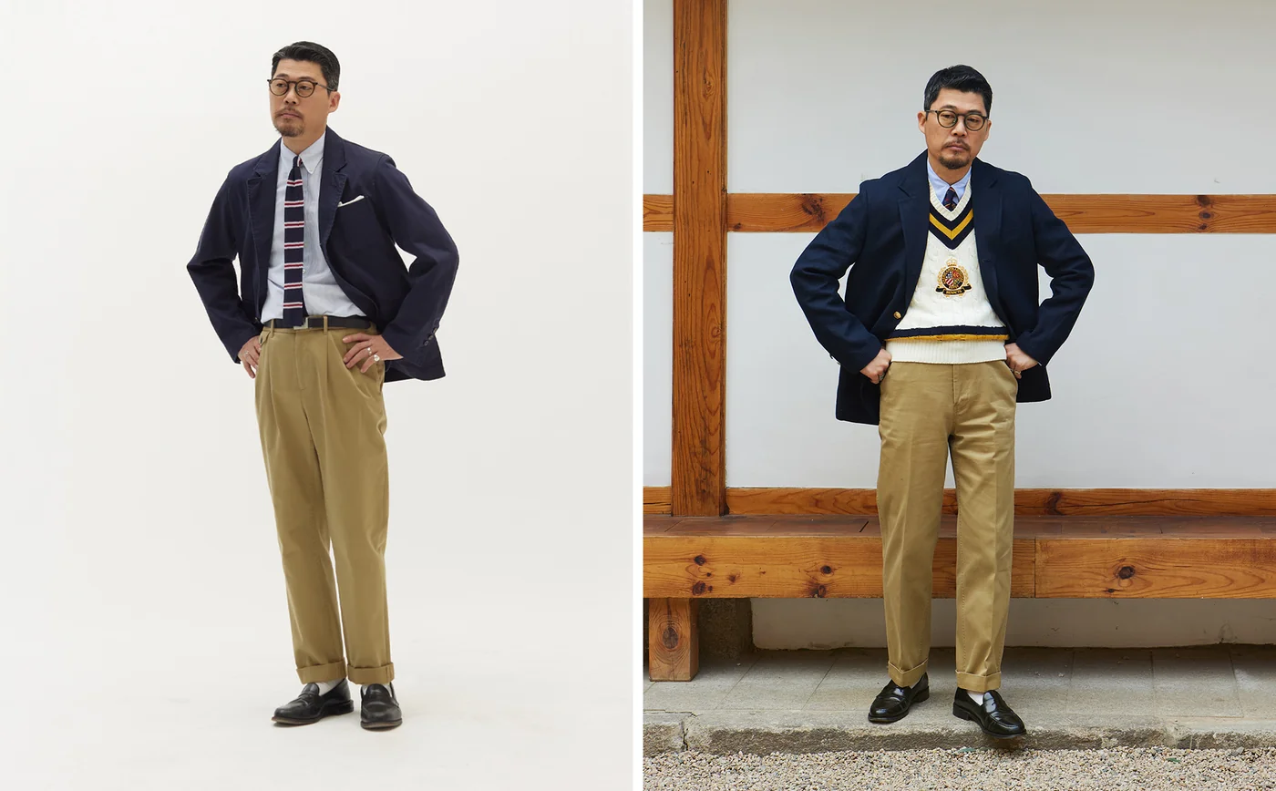 Blazer chino outfit men: navy blazer paired with khaki two-tuck chinos — fabric detail and full styled look side by side
