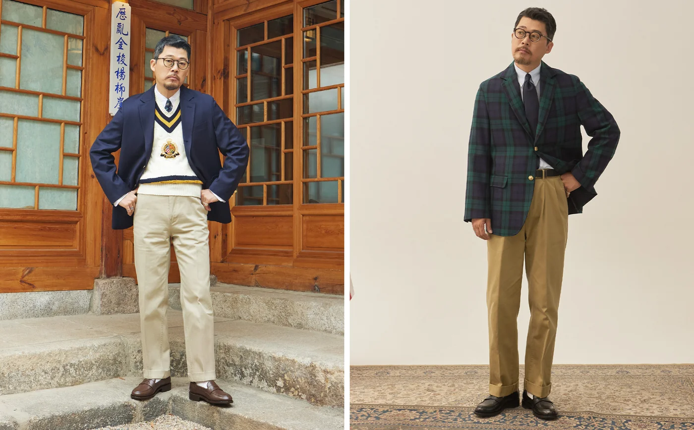 Blazer chino outfit men: brown suede penny loafers and dark suede derbies — the two shoe choices that finish the look