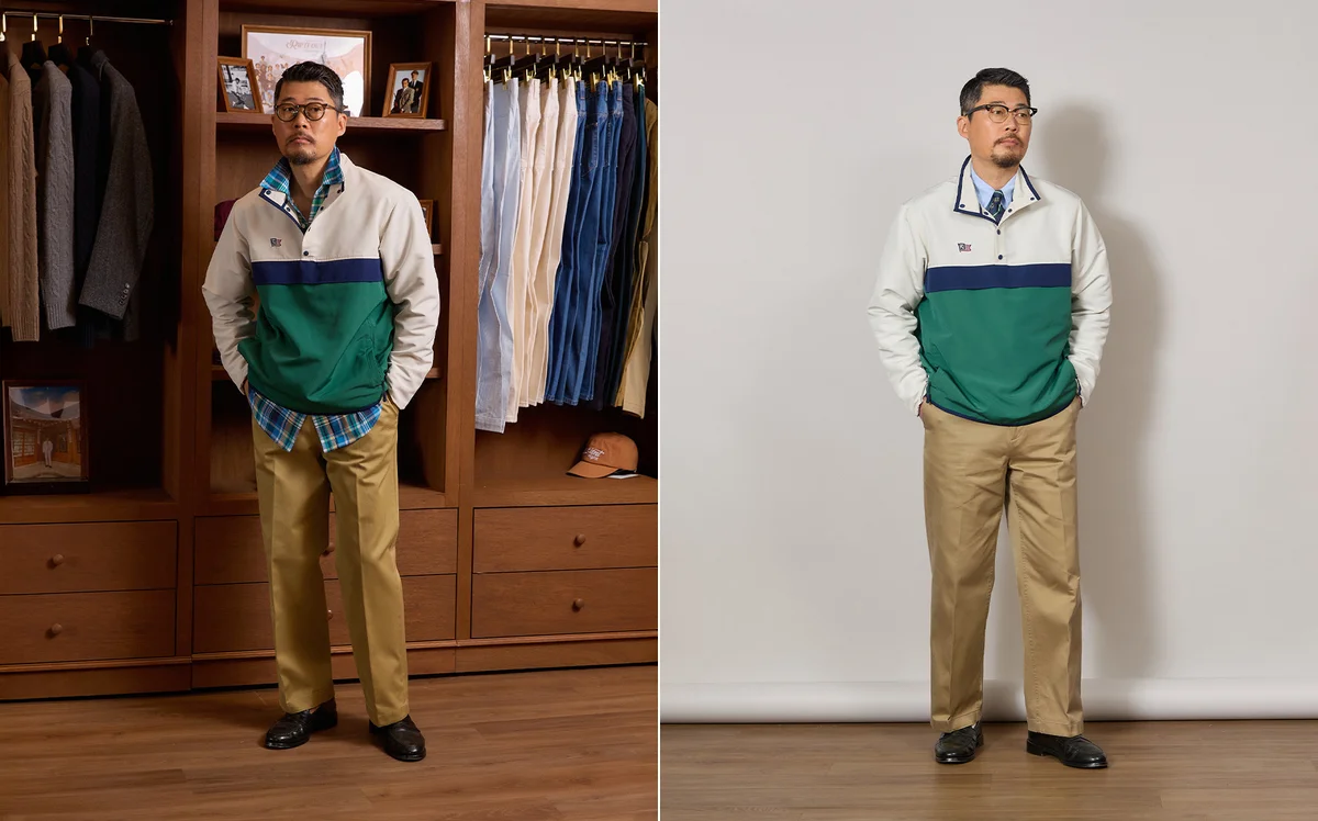 Green anorak over plaid shirt with khaki chinos and penny loafers for Seoul weekend style