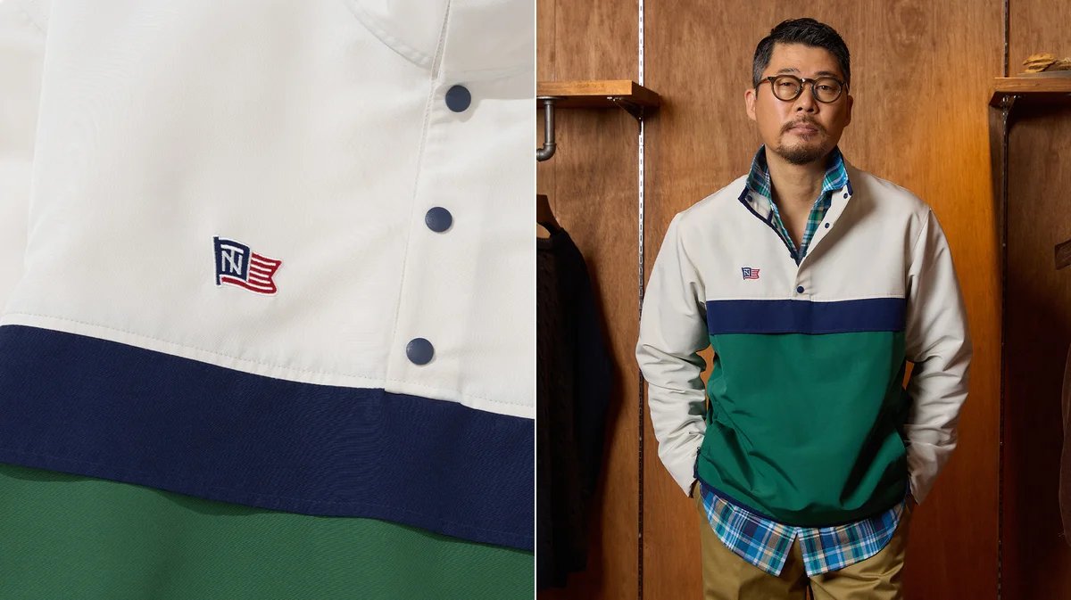 Anorak layered over an oxford shirt and chinos for a Seoul-adapted Ivy look