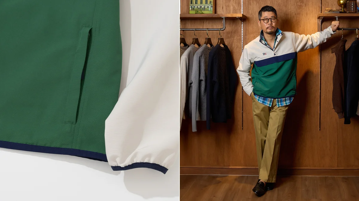 Natural shoulder blazer layered under an anorak for Seoul commuting in Heavy Ivy style