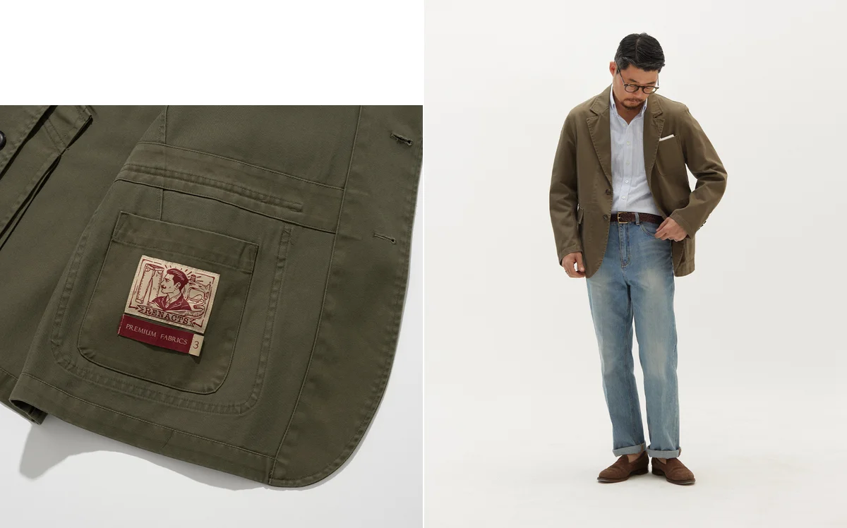 Natural shoulder blazer fit details showing relaxed summer construction