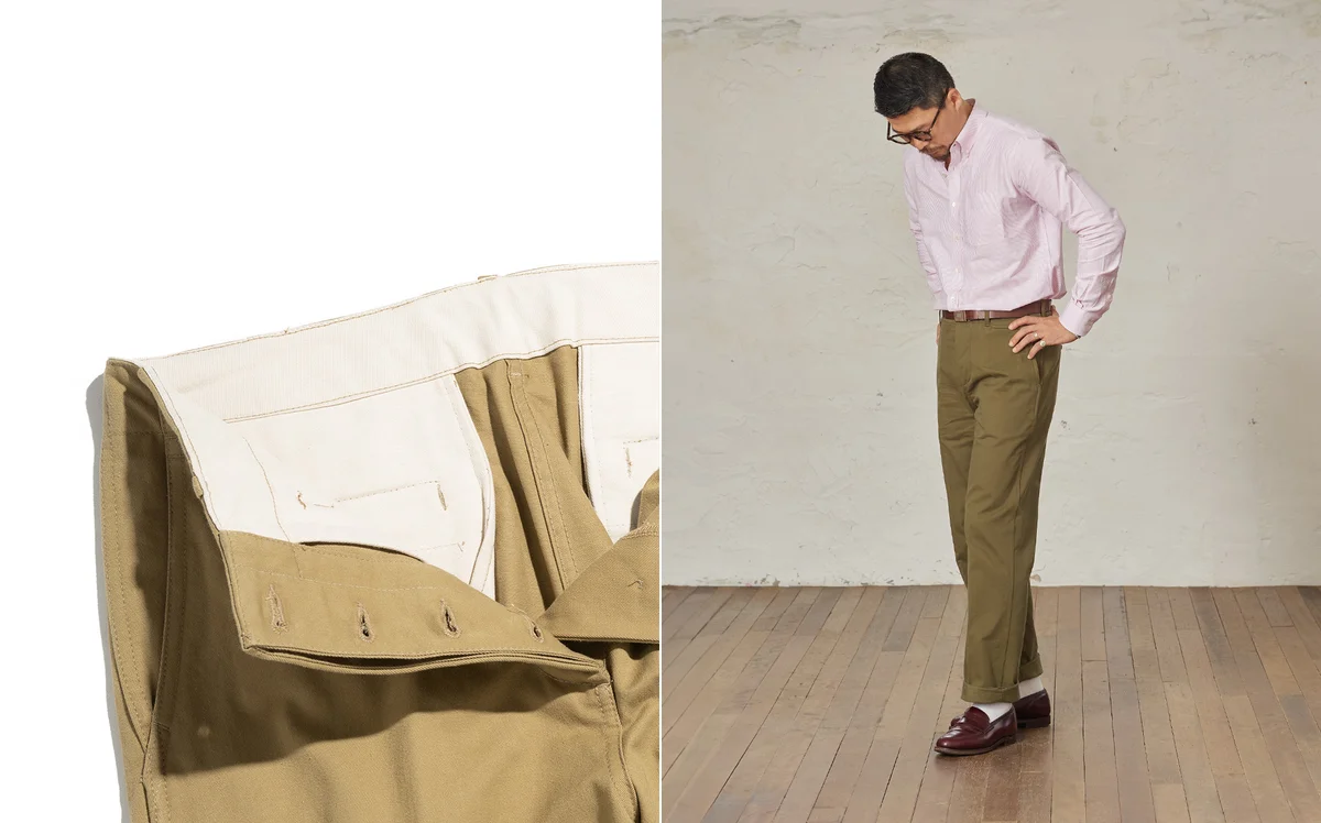 Classic straight fit chinos styled with a crewneck sweater and penny loafers