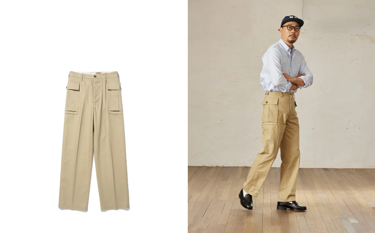 Close-up of chino fabric pinch test demonstrating proper thigh fit