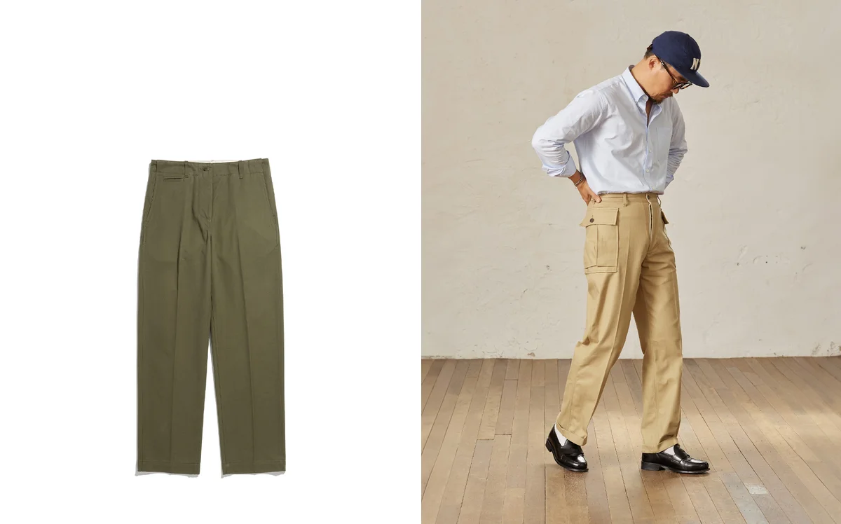 Body type chino fit reference showing tapered chinos on an athletic build