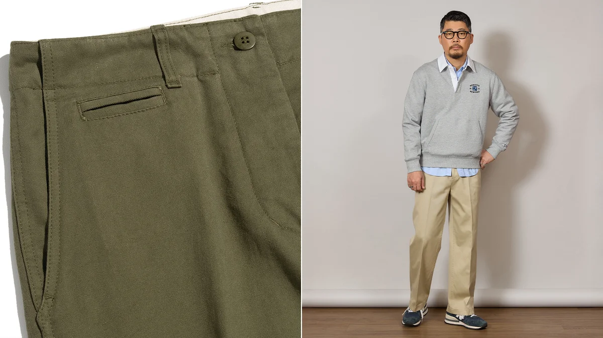 Slim-straight chinos showing a clean single break at the hem over leather loafers