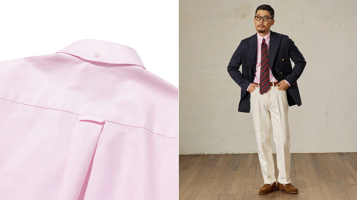 Chinos paired with an oxford shirt and blazer in a Seoul Traditional outfit