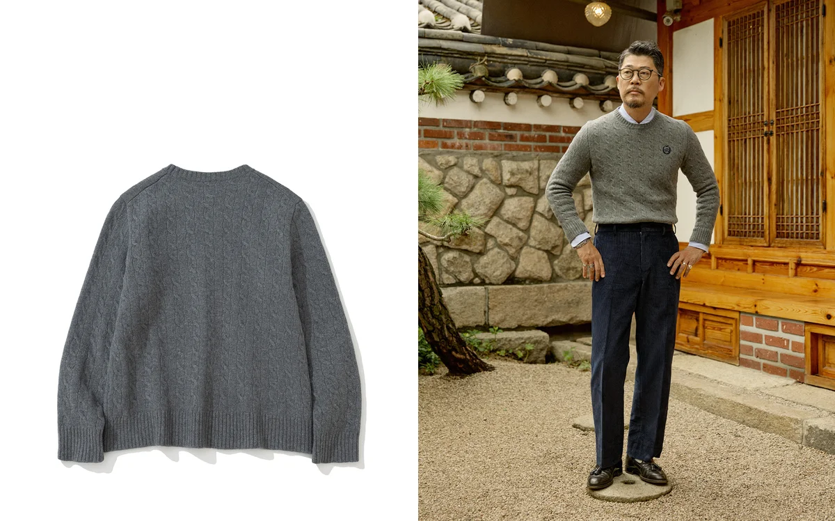 Lambswool crewneck sweater showing the texture and knit detail that requires gentle hand washing