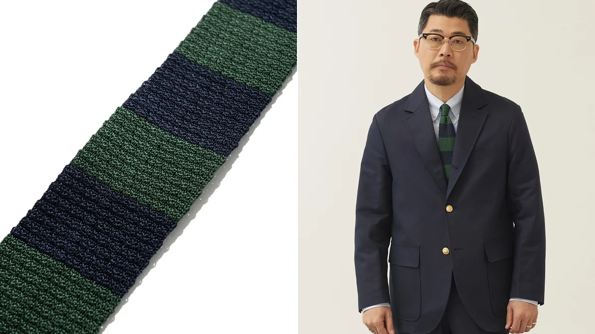 Knit tie at ideal 6-7cm width paired with an oxford button-down collar showing proper proportion