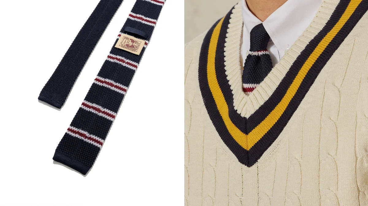 Close-up of flat knit weave texture on a silk knit tie showing fine gauge construction