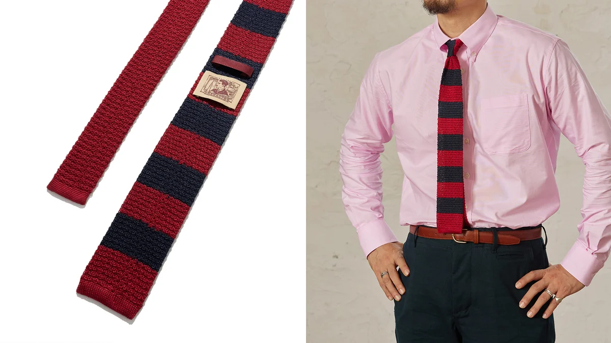 Knit tie guide essential — textured silk knit tie with square bottom in classic navy