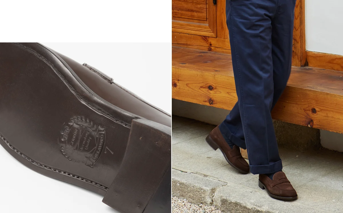 Penny loafers worn sockless with cropped chinos and summer blazer