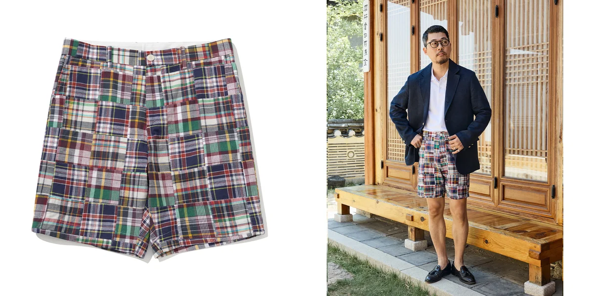 Madras patchwork shorts with navy blazer and penny loafers for a Seoul summer look