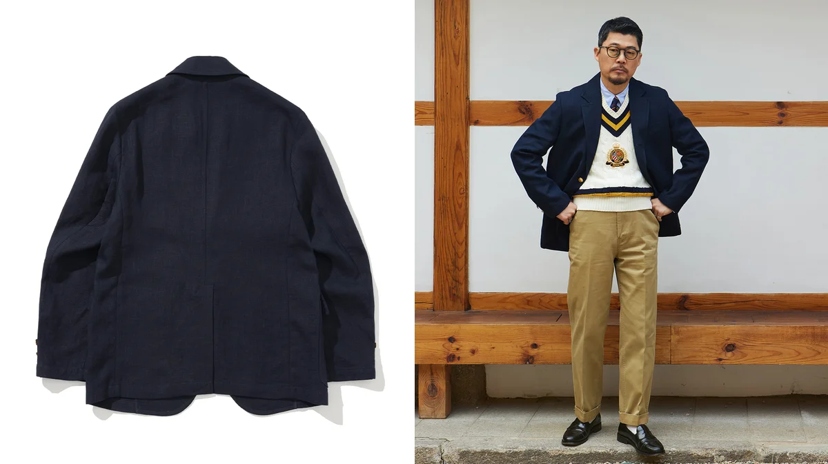 Navy blazer with white oxford shirt and khaki chinos — the essential spring foundation