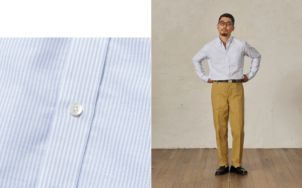 Oxford cloth button-down shirt layered under unstructured summer blazer