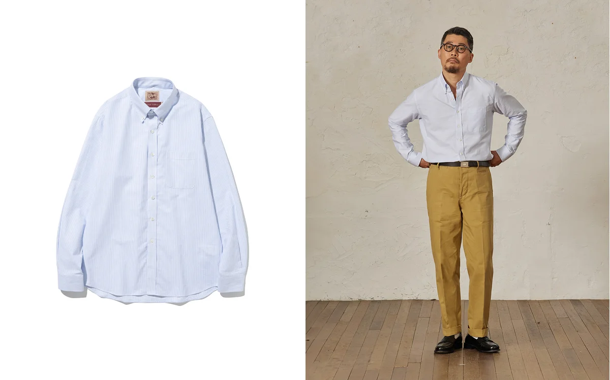 Blue oxford cloth fabric shirt showing the ideal weight and texture for everyday wear