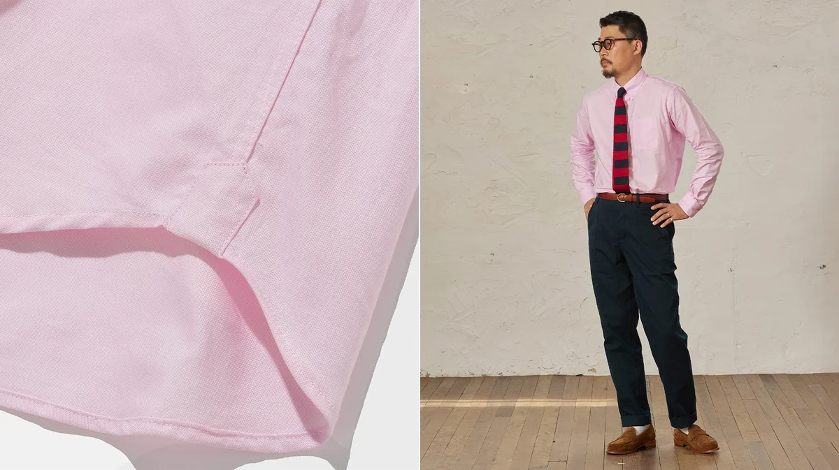 OCBD shirt with chinos styled in a clean tucked-in look, the foundation of Ivy-inspired dressing