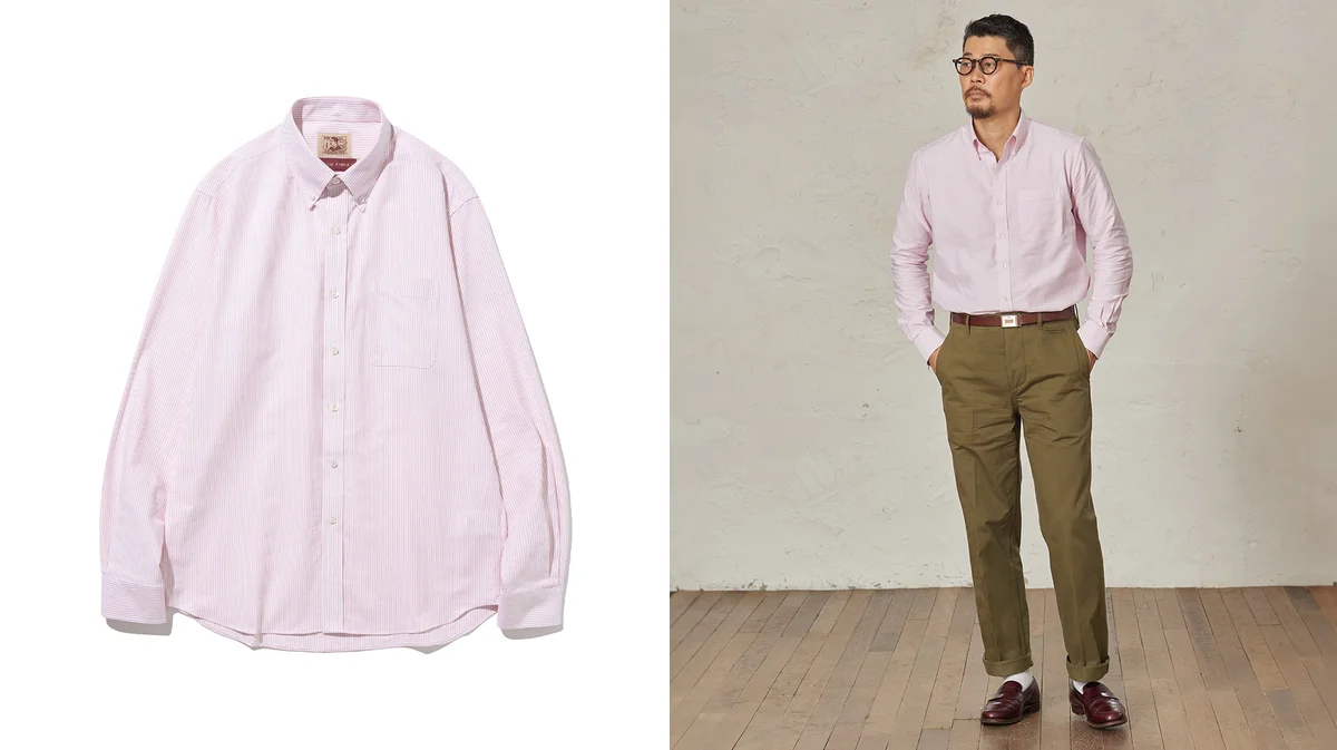 Blue OCBD tucked into khaki chinos paired with brown penny loafers