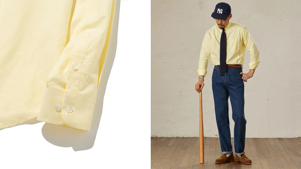 Knit tie paired with an oxford cloth button-down shirt tucked into chinos