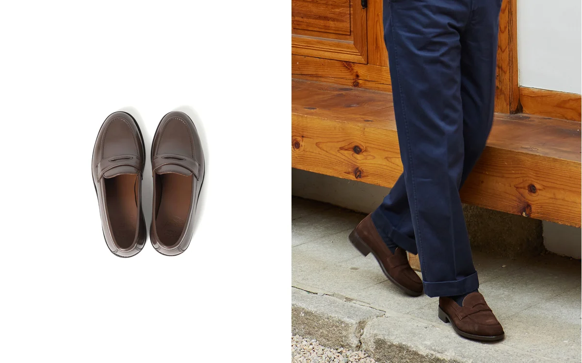 Yale Ivy style — brown penny loafers worn with chinos and a patterned shirt, the default Ivy League slip-on
