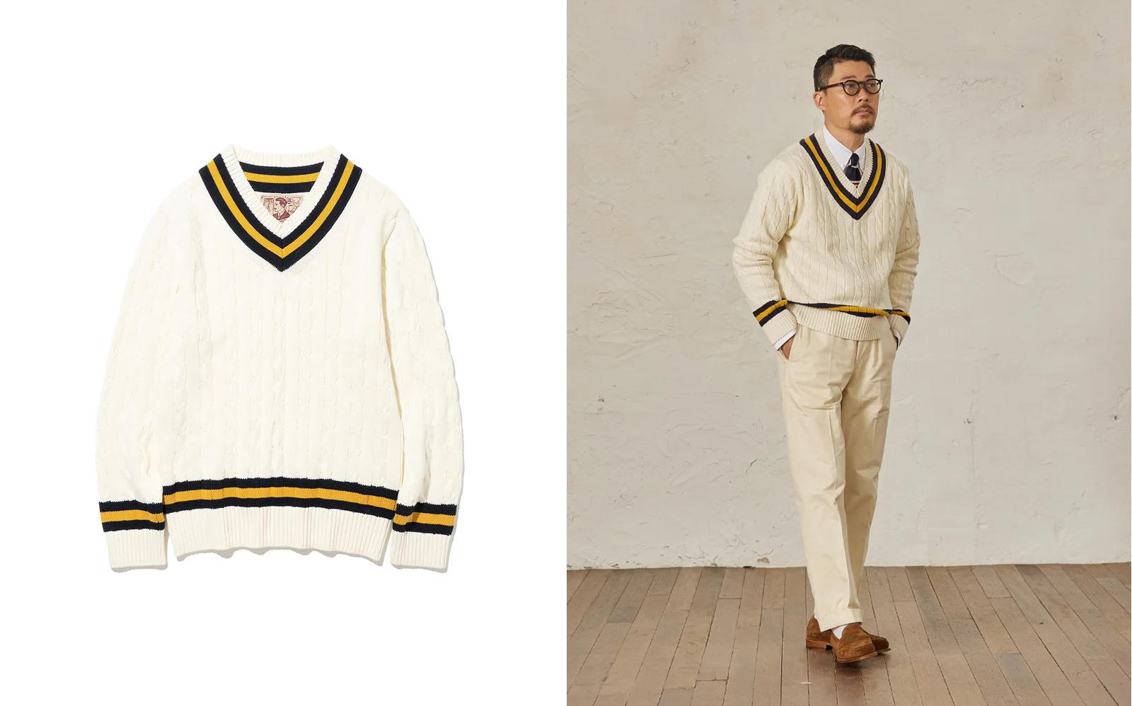 Cricket sweater in Seoul: Renacts Cable Knit Cotton Cricket Sweater in ivory, product detail and on-body editorial with ivory chinos and suede loafers
