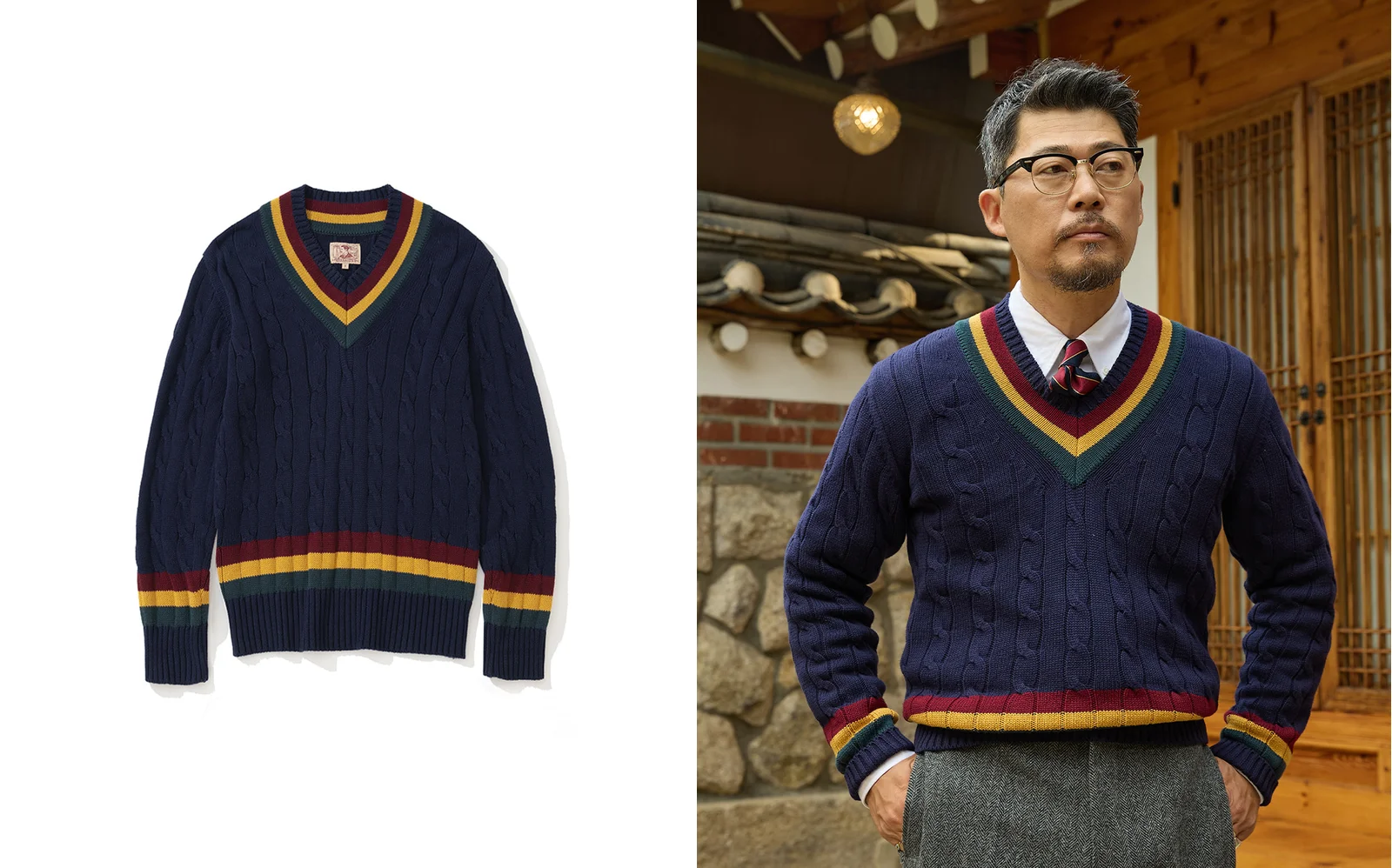 Cricket sweater in Seoul: Renacts Cable Knit Cotton Cricket Sweater in navy, product detail and styled editorial