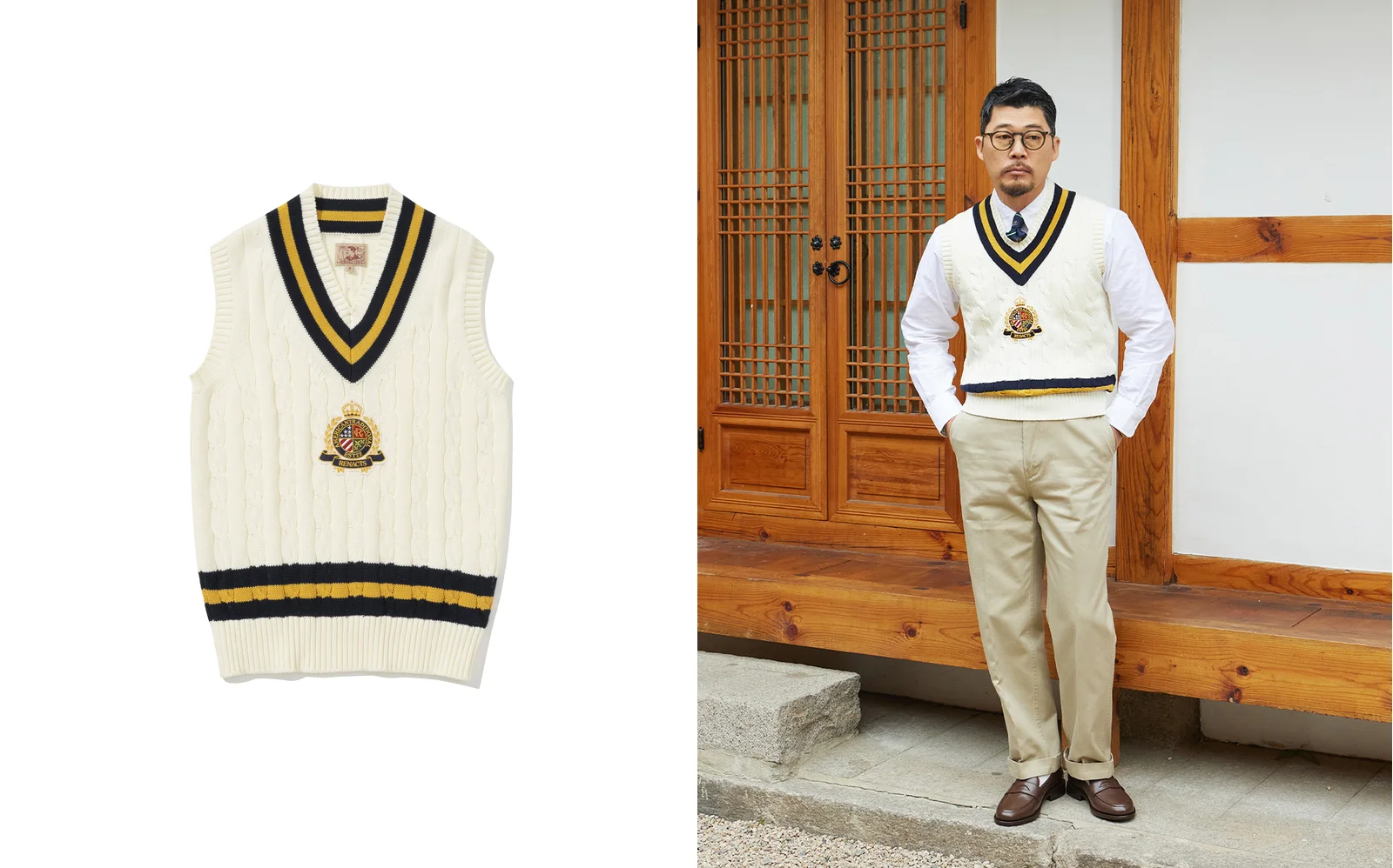 Cricket vest in Seoul: Renacts Crest Cotton Cricket Vest in ivory with heraldic crest, product detail and hanok editorial
