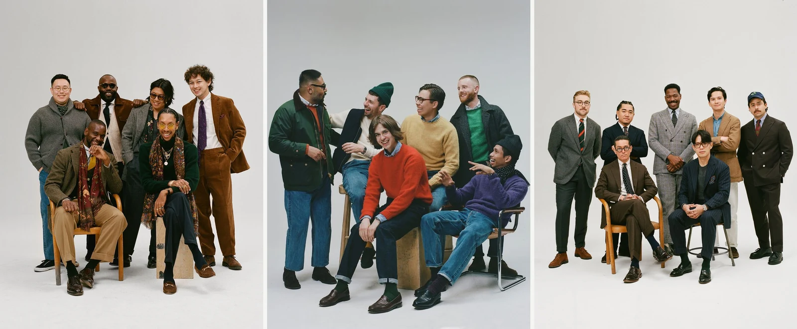 Drake's of London history: three studio group portraits of Drake's customers — left in scarves and casual layered tailoring (the 1977 originating category), middle in colorful Shetland and Aran knitwear (the Hill-era expansion), right in suits, sport coats, and regimental ties (the full ready-to-wear program built after the 2013 Rayner & Sturges acquisition)