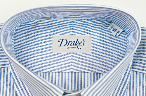 Drake's of London history: detail of a Drake's shirt showing collar construction and English shirting fabric, after the brand's expansion into shirts via the Rayner & Sturges acquisition