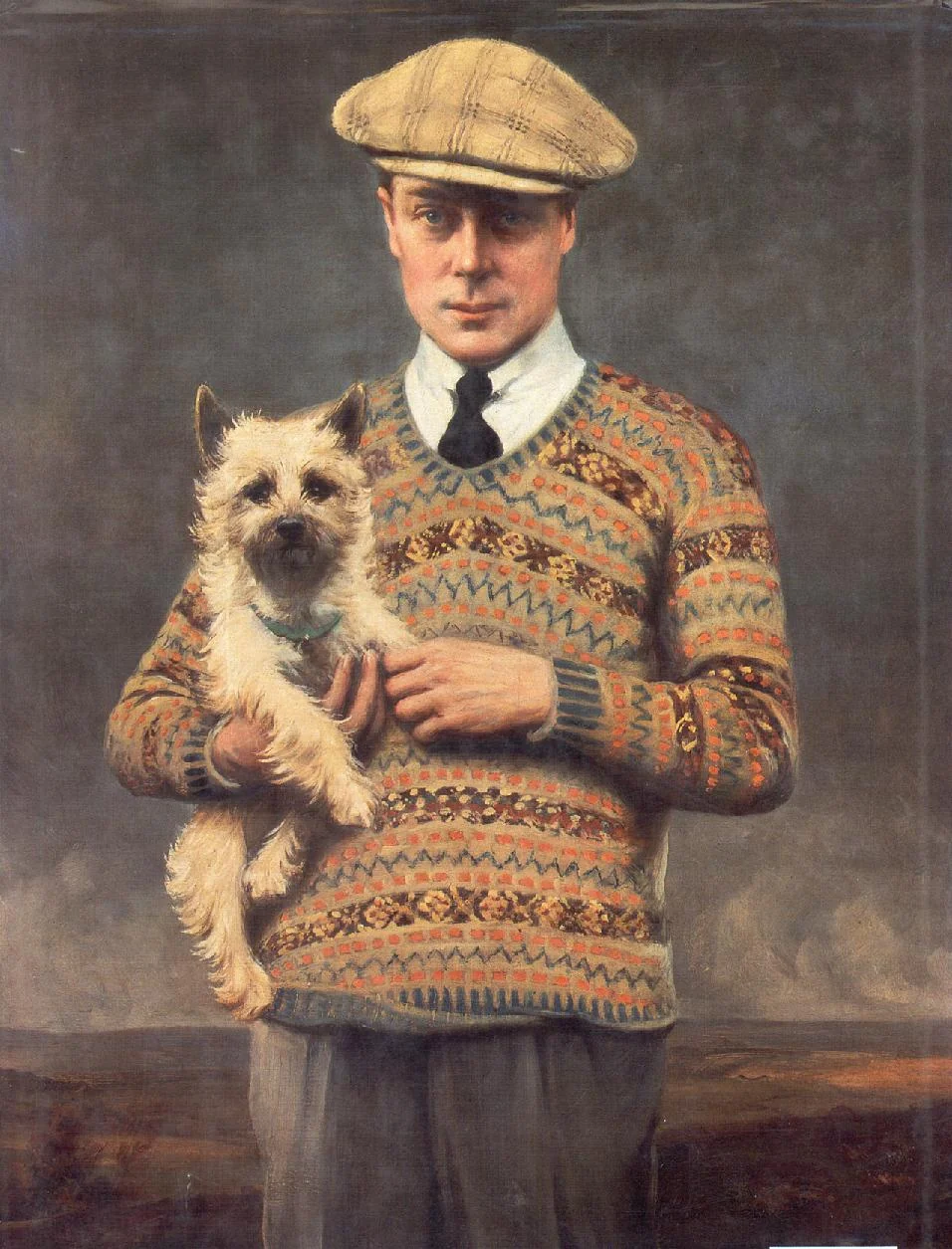 Fair Isle knit history: 1925 portrait of Edward, Prince of Wales, painted by John St Helier Lander, wearing a Fair Isle V-neck pullover that turned the Shetland pattern into international fashion
