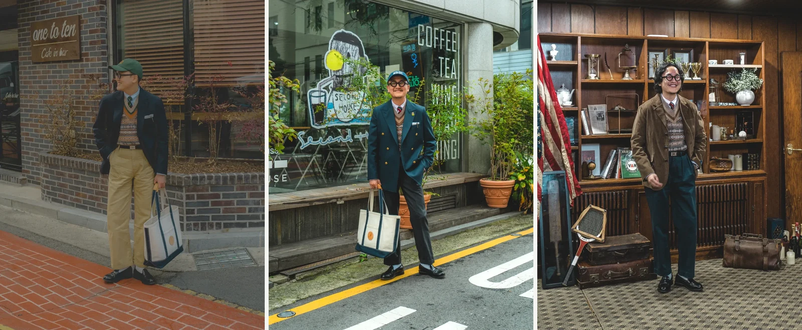 How to wear a Fair Isle vest: three foundation blazer outfits — single-breasted navy blazer with khaki chinos, double-breasted gold-button navy blazer with charcoal slacks, brown corduroy blazer with navy chinos. All worn over Fair Isle vest, OCBD, regimental rep tie, and black penny loafers