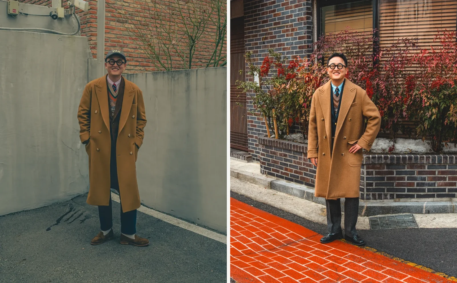 How to wear a Fair Isle vest under a polo coat: camel polo coat over corduroy blazer with navy chinos and suede penny loafers, and the same polo coat over navy gold-button blazer with charcoal slacks and black penny loafers