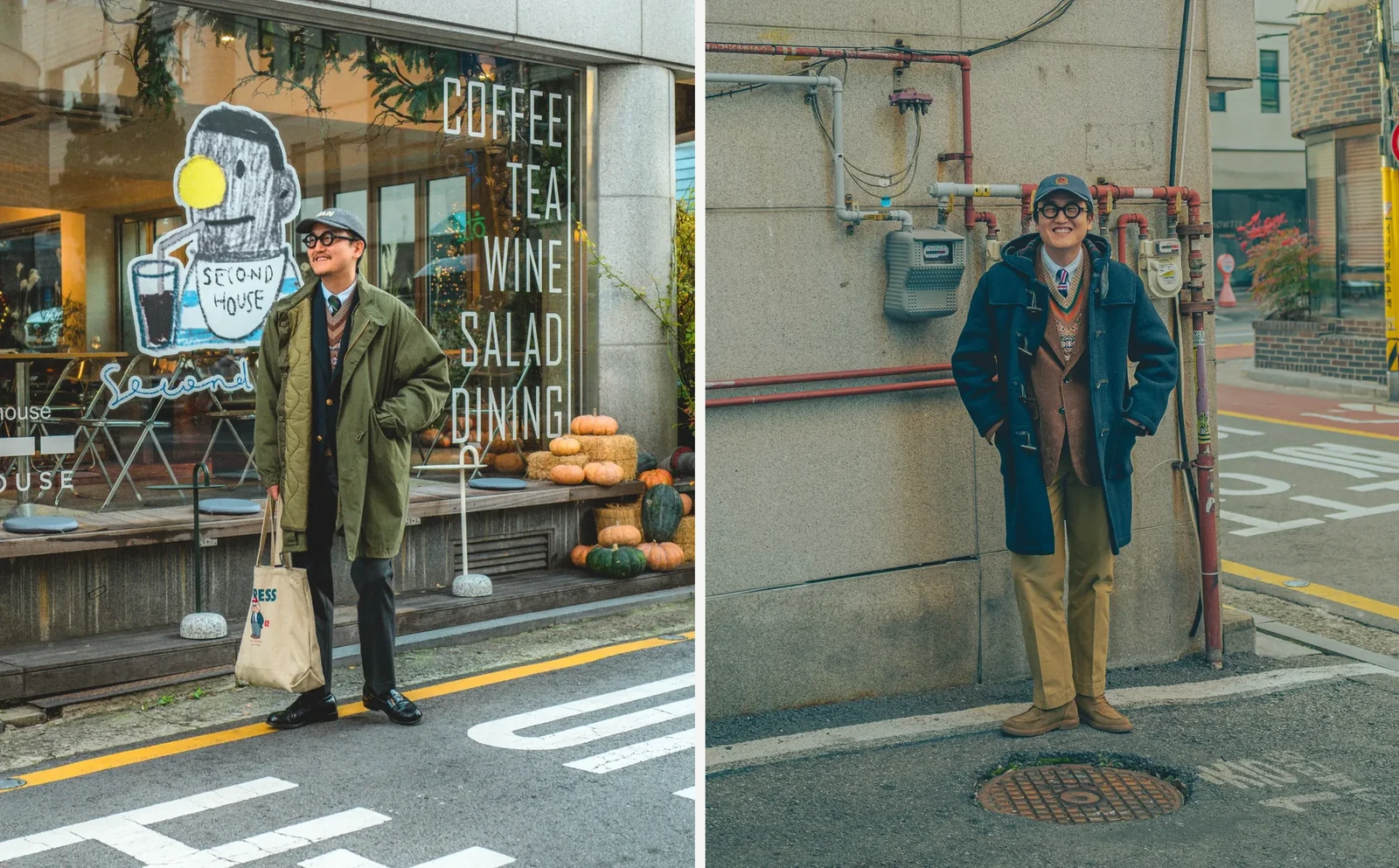 How to wear a Fair Isle vest in heavy winter: M65 fishtail parka over navy gold-button blazer with charcoal slacks and black penny loafers, and Gloverall duffle coat over Gun Club sport coat with khaki chinos and Aestheoplex desert boots