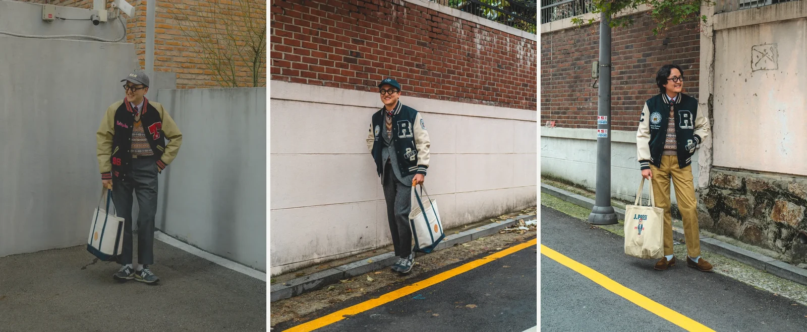 How to wear a Fair Isle vest: three campus varsity jacket outfits — varsity over Fair Isle vest with grey slacks and New Balance 990v2, varsity over full charcoal grey suit with NB 990v1, and varsity with khaki chinos and suede loafers