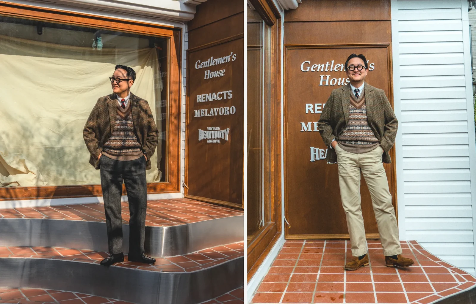 How to wear a Fair Isle vest: two Gun Club check sport coat outfits — Gun Club sport coat over Fair Isle vest with charcoal slacks and Berwick horsebit loafers, and the same sport coat with khaki chinos and suede loafers