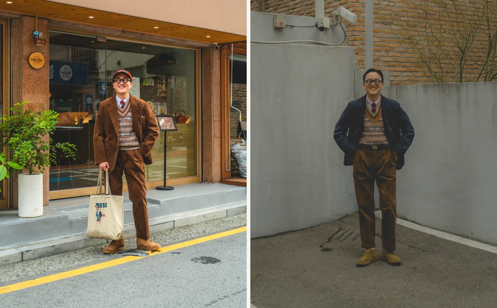 How to wear a Fair Isle vest: two corduroy outfits — full brown corduroy suit with Fair Isle vest and Aestheoplex chukka boots, and a navy corduroy blazer with brown corduroy trousers and desert boots