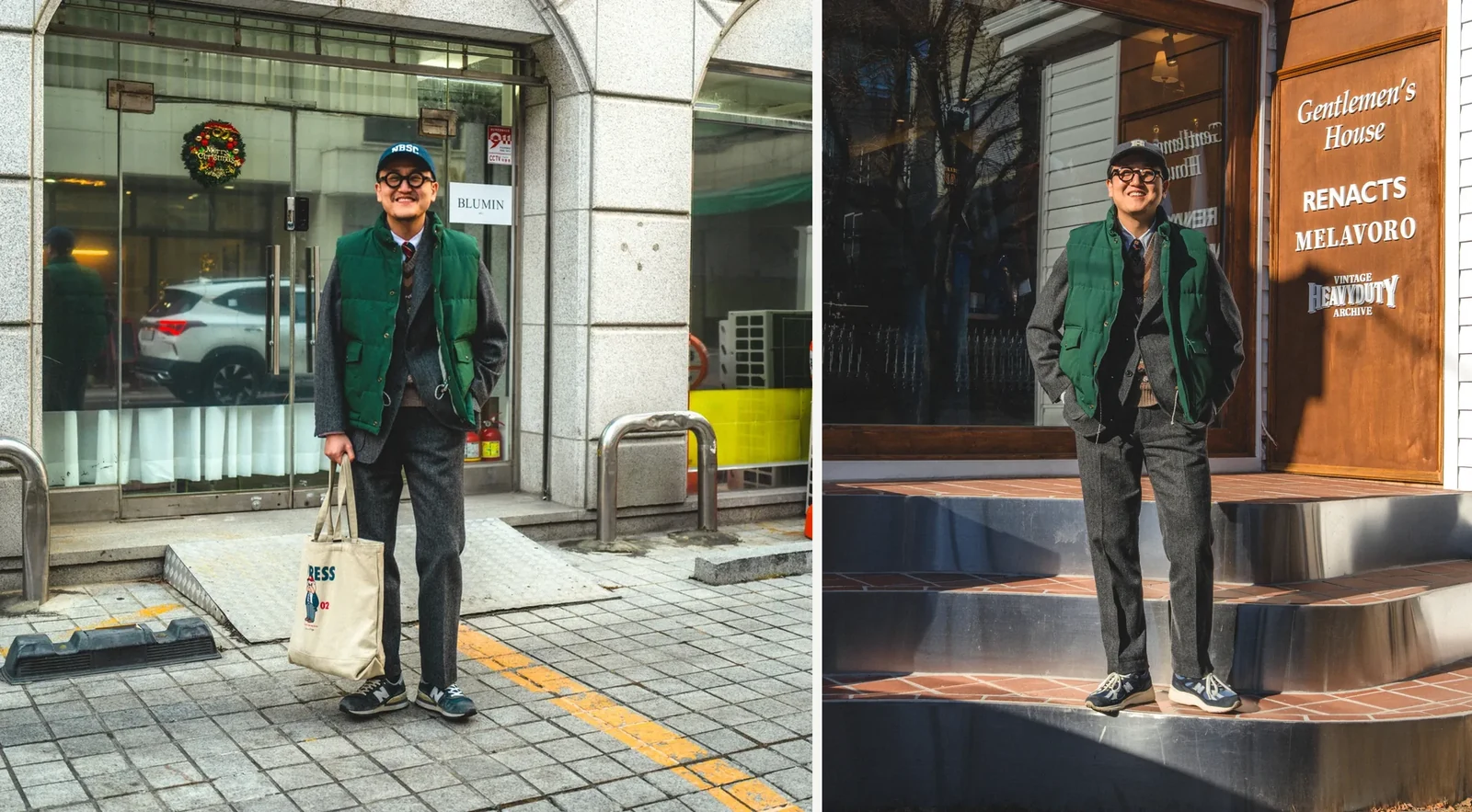How to wear a Fair Isle vest under a suit with a padded vest: charcoal grey suit with Fair Isle vest underneath, green and navy padded outerwear vests over the jacket, New Balance 990 / 991 sneakers, J.Press ecobag