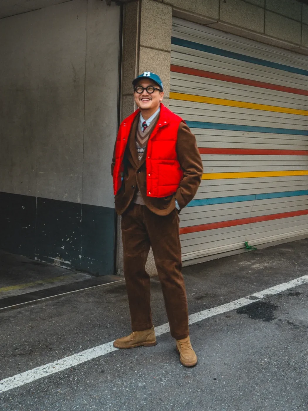 How to wear a Fair Isle vest with a down vest: bright red L.L.Bean down vest over brown corduroy suit, Fair Isle vest, OCBD, regimental rep tie, Aestheoplex chukka boots