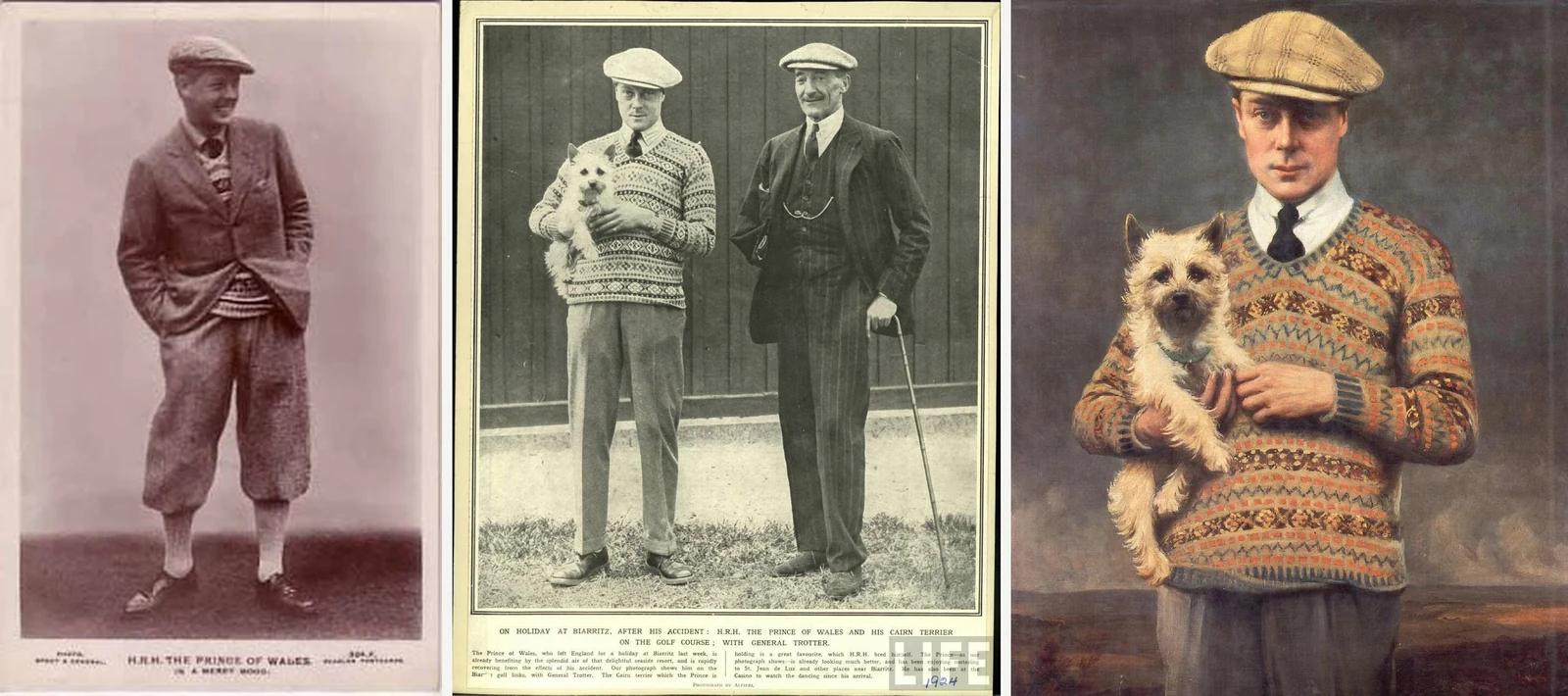 How to wear a Fair Isle vest history: three Edward, Prince of Wales (later Duke of Windsor) source images — 1920s vintage postcard, 1924 Biarritz LIFE press photograph, and Sir Henry Lander's 1925 painting of Edward in a multi-color Fair Isle V-neck pullover holding his Cairn terrier