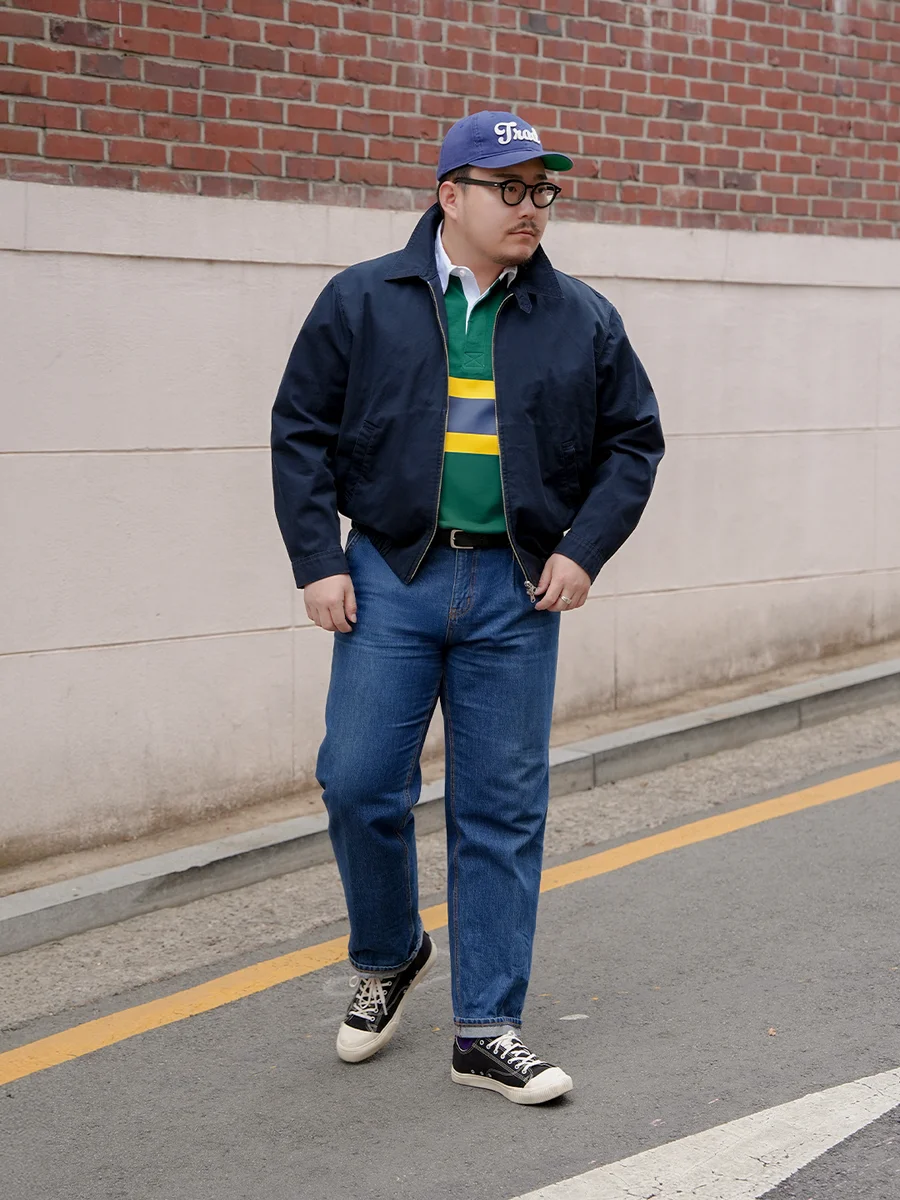 Harrington jacket casual outfit — green rugby shirt with yellow and navy stripe detail under navy harrington