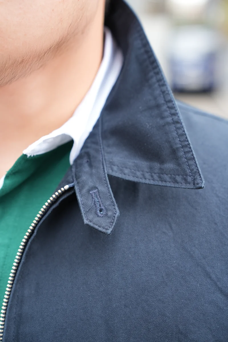 Harrington jacket casual outfit — full styling summary in Seoul, navy harrington with rugby shirt and denim