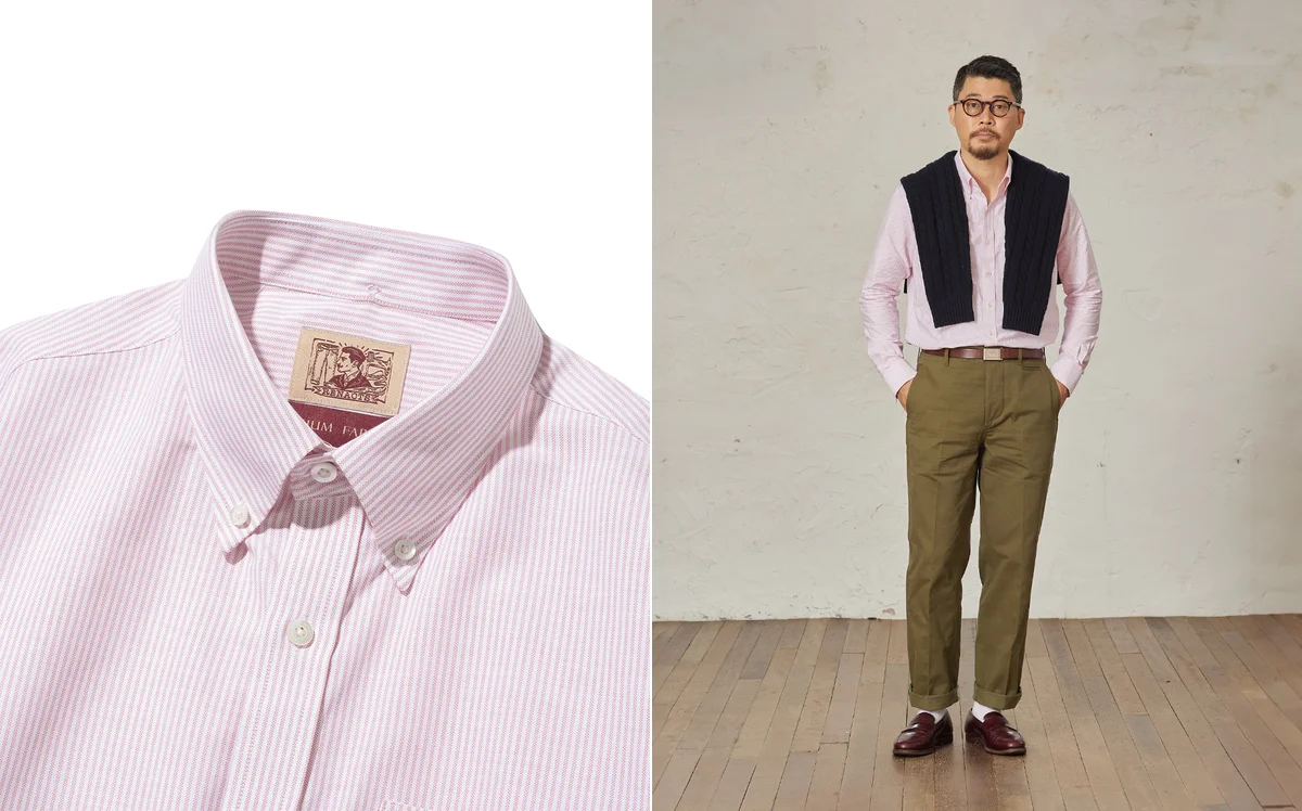 Oxford button-down collar shirt paired with a casual blazer and chinos for an Ivy League inspired outfit