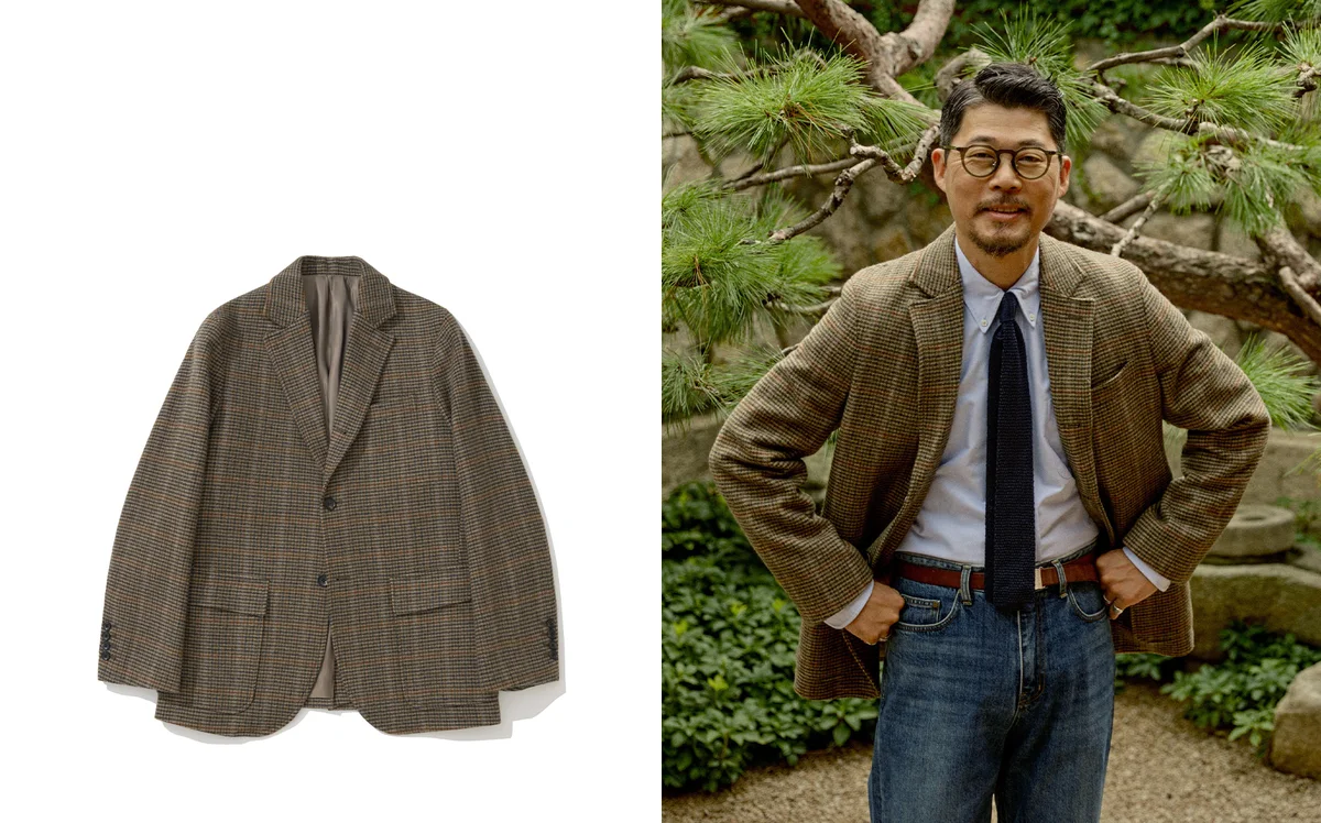 Natural shoulder line on a houndstooth tweed sport coat with knit tie and jeans โ blazer fit for your body type
