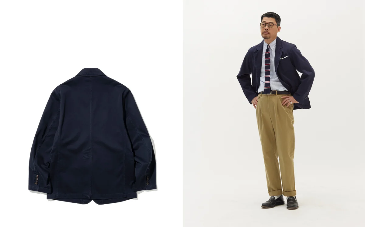 Navy blazer worn over khaki chinos with a repp stripe tie — the classic Ivy League combination